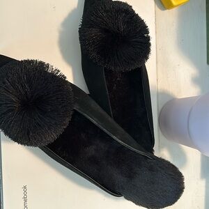 Chicos fur lined Pom Pom mules never used brand new